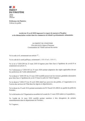 Arrêté Préfectoral Imposant Le Respect Des Mesures D'hygiène Et De Distanciation Dans Les Commerces Alimentaires Jusqu'au 11 Mai 2020
