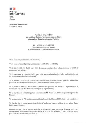 Arrêté préfectoral interdisant l'accès aux espaces côtiers et aux plans d'eau intérieurs jusqu'au 11 mai 2020