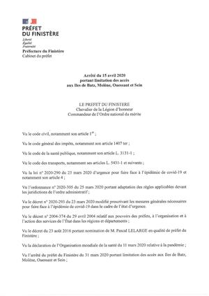 Arrêté préfectoral limitant l'accès aux îles jusqu'au 11 mai 2020