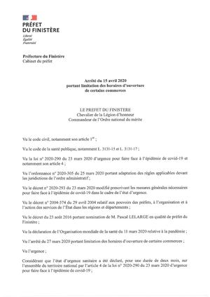 Arrêté préfectoral limitant les horaires d'ouverture de certains commerces  jusqu'au 11 mai 2020