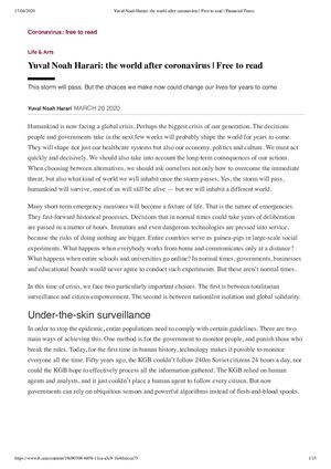 Yuval Noah Harari The World After Coronavirus Free To Read Financial Times