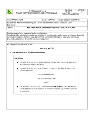 Matemáticas 4° Multiplicación