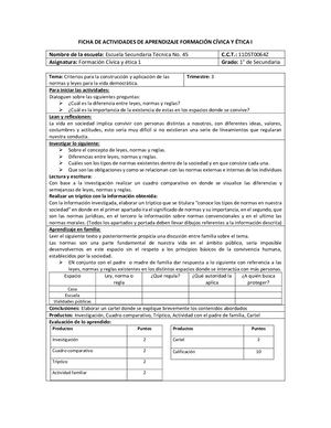 Ficha 2 Formación Cívica  I Primer Grado