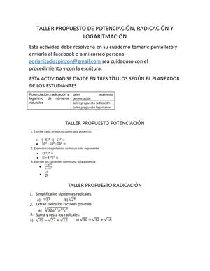 Taller Propuesto De Potenciación, Radicación Y Logaritmación