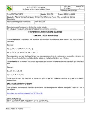 Taller 1 Matemáticas 5 Múltiplos Divisores