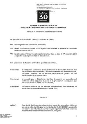 Arrêté attributif de subventions à certaines associations en période d'état d'urgence sanitaire