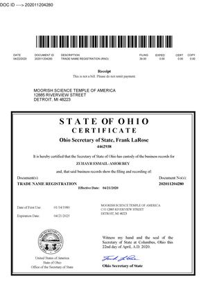 Moorish Science Temple of America/Trade Name Zuhayr Esmail Amor Bey