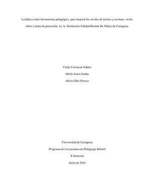 La Lúdica Como Herramienta Pedagógica Para Mejorar Los Niveles De Lectura Y Escritura En Los Ni