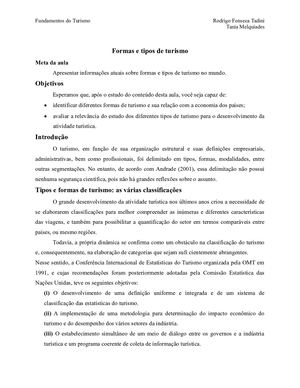 Formas E Tipos De Turismo Aula 2