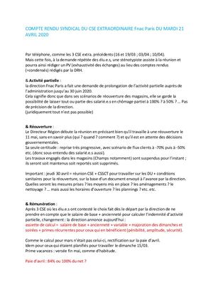 Compte Rendu Syndical Du Cse Extraordinaire Fnac Paris Du Mardi 21 )