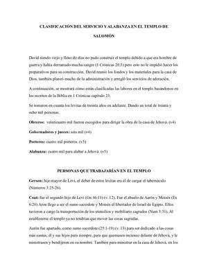 Clasificación Del Servicio Y Alabanza En El Templo De Salomón