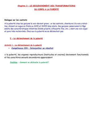 Cours Déclenchement Des Transformations Du Corps à La Puberté