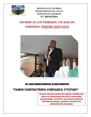 Informe De Gestion De Los Primeros 100 Dias De Gobierno Del Dr Elmer Abonia Alcalde De Guachene