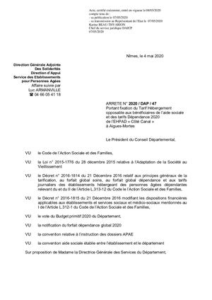 Arrêté Tarification EHPAD Côté Canal AIGUES MORTES - 2020-DAP-47
