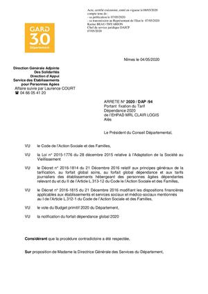 Arrêté Tarification EHPAD Clair Logis ALES - 2020-DAP-94