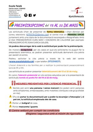 Procés de preinscripció pel curs 2020-21