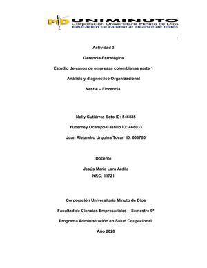 Actividad 3 Gerencia Estrategica Estudio De Casos De Empresas Colombianas - NESTLE FLORENCIA