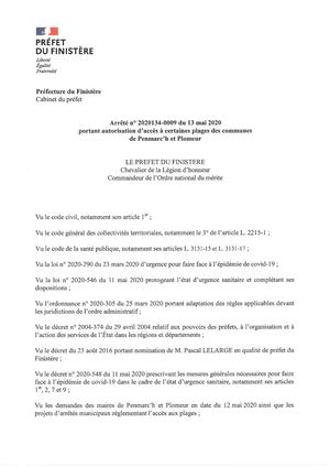 Arrêté préfectoral Finistère portant autorisation d'accès à certaines plages de Penmarc'h et de Plomeur