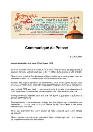 Communiqué De Presse Annulation Festival De La Côte D'Opale 2020 .