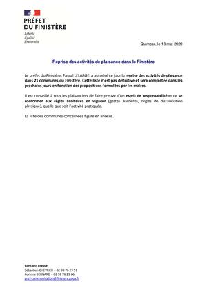 Préfecture - Reprise des activités de plaisance dans le Finistère