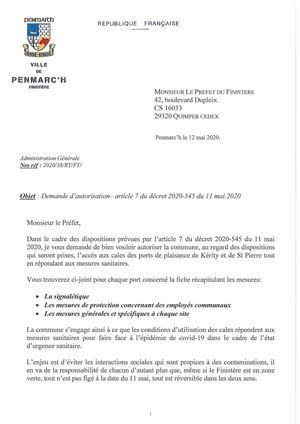 Mairie de Penmarc'h - Courrier adressé au Préfet pour la réouverture du port de kérity et l'accès à la cale de St Pierre