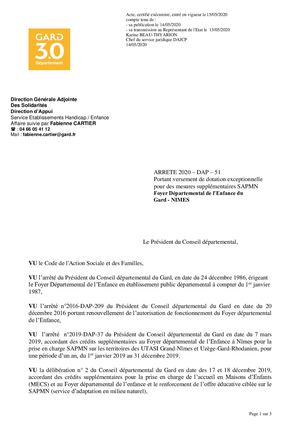 Arrêté dotation exceptionnelle Foyer départemental de l'Enfance du Gard NIMES - 2020-DAP-51