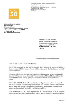 Arrêté dotation exceptionnelle MECS Samuel Vincent NIMES - 2020-DAP-50