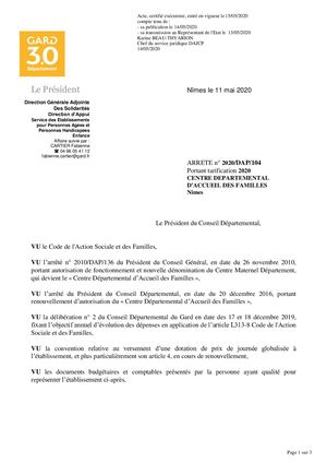 Arrêté tarification 2020 du Centre départemental d'accueil des familles NIMES - 2020-DAP-104