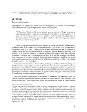 “El género”, fragmento literal: ‘La perspectiva de género’, en Género y  feminismo. Desarrollo humano y democracia Lagarde, M