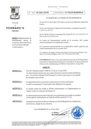 Penmarc'h - Arrêté municipal - Stationnement St Gué Presse - Arrêt minute les vendredis
