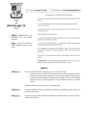 Penmarc'h - Arrêté municipal - Sens unique rue Danielle Casanova - Marché de St Guénolé