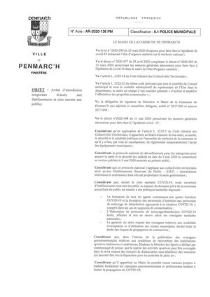 Penmarc'h - Arrêté municipal fermeture temporaire des salles - Crise sanitaire Covid-19