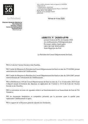 Arrêté prix de journée 2020 Lieu de vie Tentative SAINT HIPPOLYTE DU FORT - 2020-DAP-90
