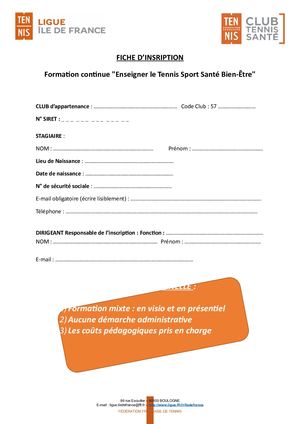 Fiche Inscription Formation Tennis Santé