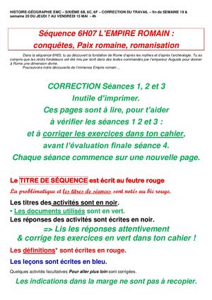 6h07 Empire Romain Semaines 19 Et 20 Cahier Correction