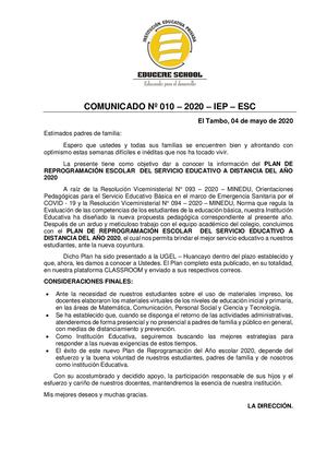 Plan De Reprogramación Curricular Del Servicio Educativo De Educación Básica Durante El Año 2020 En El Marco De La Emergencia Sanitaria Por El Coronavirus Covid