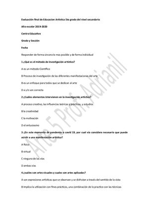 Evaluación Final De Educacion Artística 5to Grado Del Nivel Secundario