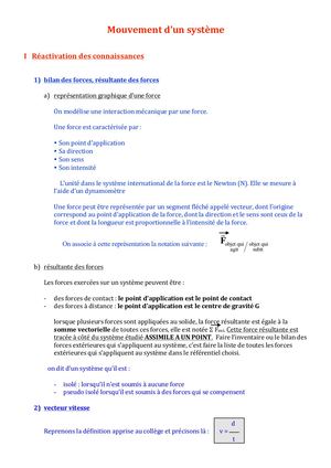 Mouvement D’un Système Résumé De Cours