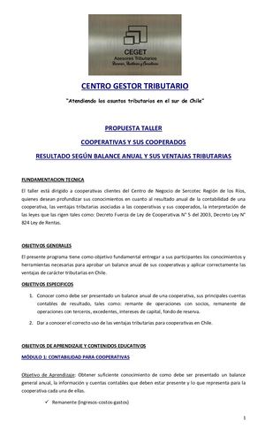 Propuesta Taller Contabilidad Y Ventajas Tributarias De Las Cooperativas Y Sus Cooperados