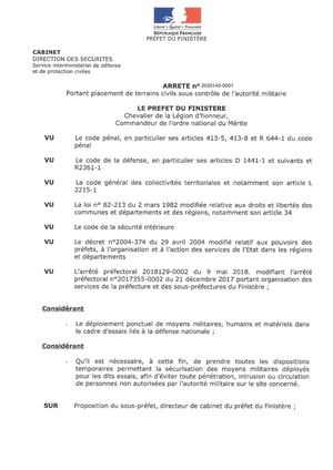 Arrêté portant placement de terrains civils sous contrôle de l’autorité militaire