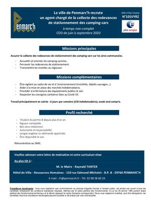 Mairie de Penmarc'h - Offre d'emploi - Saisonnier camping-cars - Eté 2020