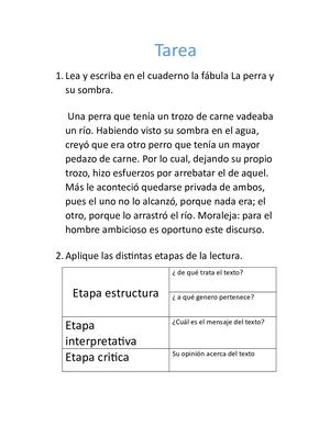 Lea Y Escriba En El Cuaderno La Fábula La Perra Y Su Sombra