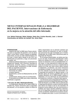 Metas Internacionales Para La Seguridad Del Paciente. Intervenciones De Enfermería En La Mejora En La Atención Del Niño Internado