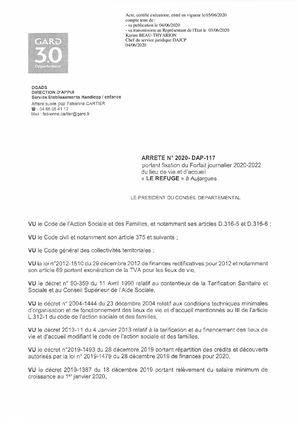 Arrêté Forfait journalier 2020-2022 du Lieu de Vie et d'accueil Le Refuge AUJARGUES - 2020-DAP-117