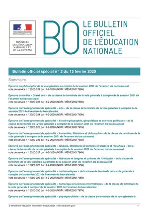 Bulletin officiel spécial - 13 février 2020 -Epreuves du baccalauréat, session 2021
