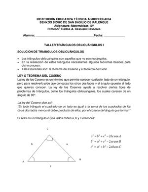 Taller De Triangulos Oblicuangulos Teorema Del Coseno 2020