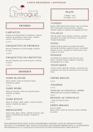 Carte Brasserie Entrague