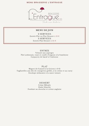 Carte Brasserie Entrague Menu De Juin