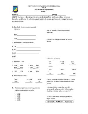 TALLER DE MATEMÁTICAS  GRADO 2° 2020