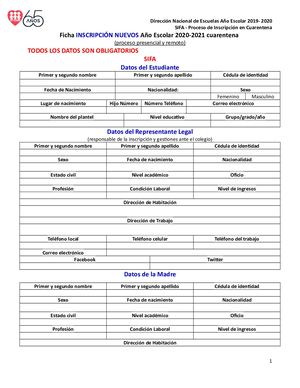 Ficha Inscripcion Nuevos Año Escolar 20 21 Cuarentena